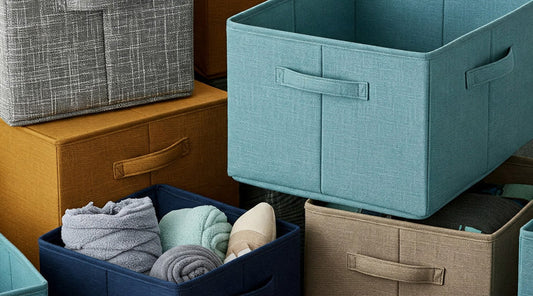 Mix of fabric storage bin colors and sizes