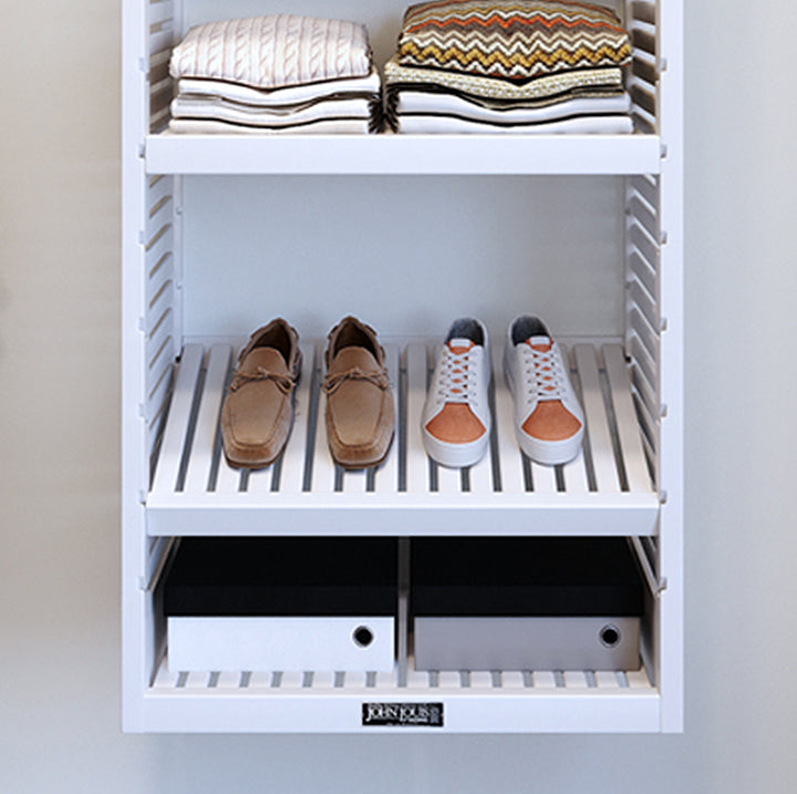 Closeup image highlighting the 6ft storage tower in a John Louis Home closet organizer