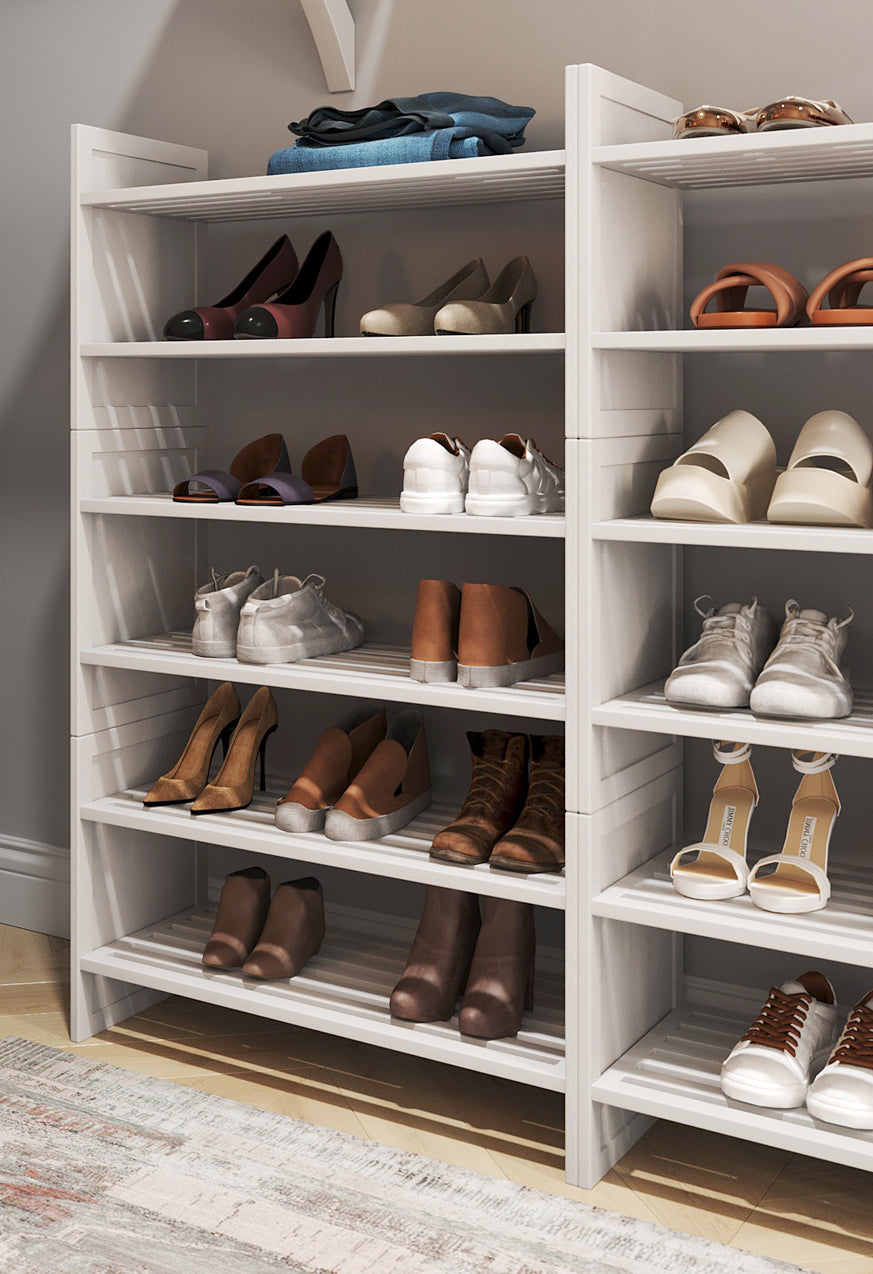 stackable wood shoe storage rack in closet color white