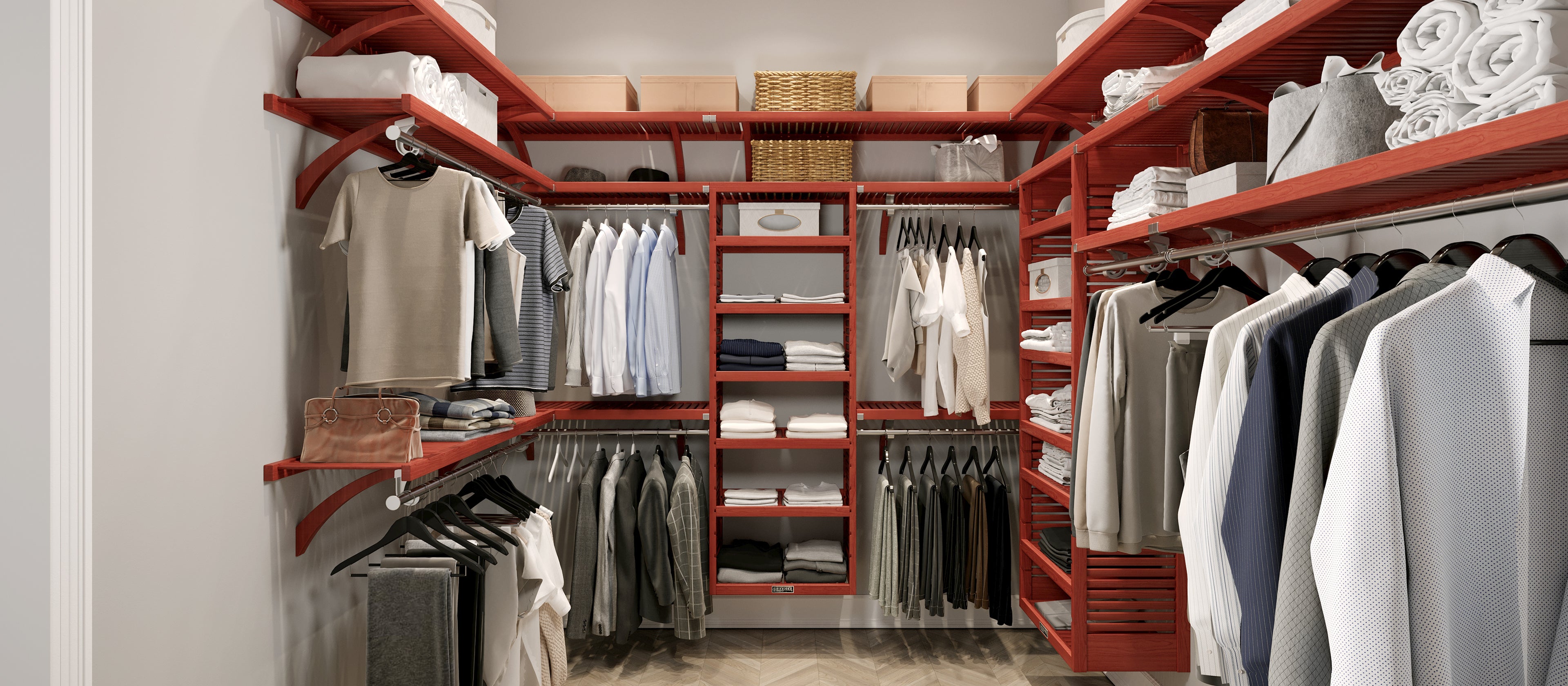 red mahogany walk in closet design in large closet