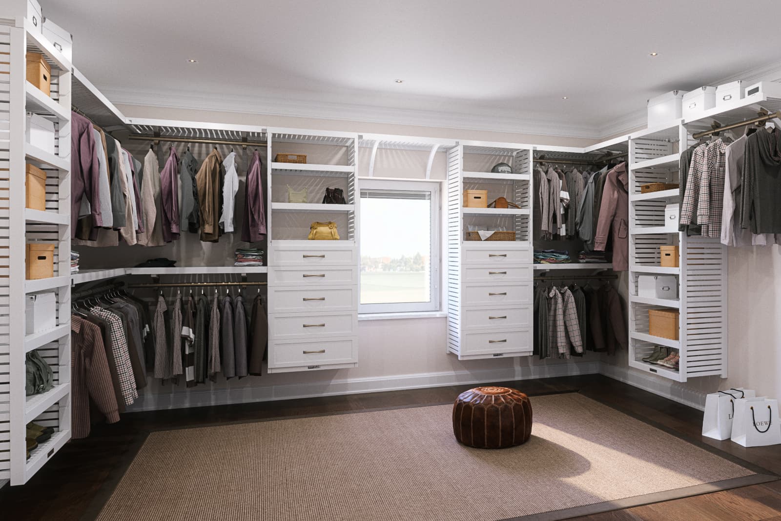White walk-in closet organizer system with drawers, shelves, and hanging storage
